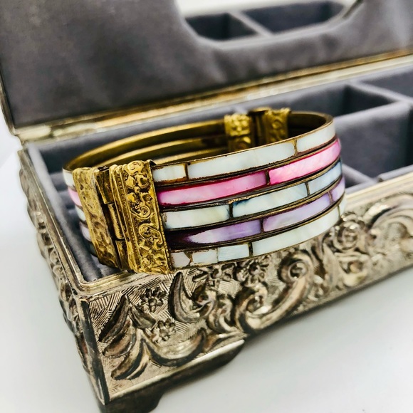 Vintage Brass Mother of Pearl Boho Bracelet - Picture 4 of 12